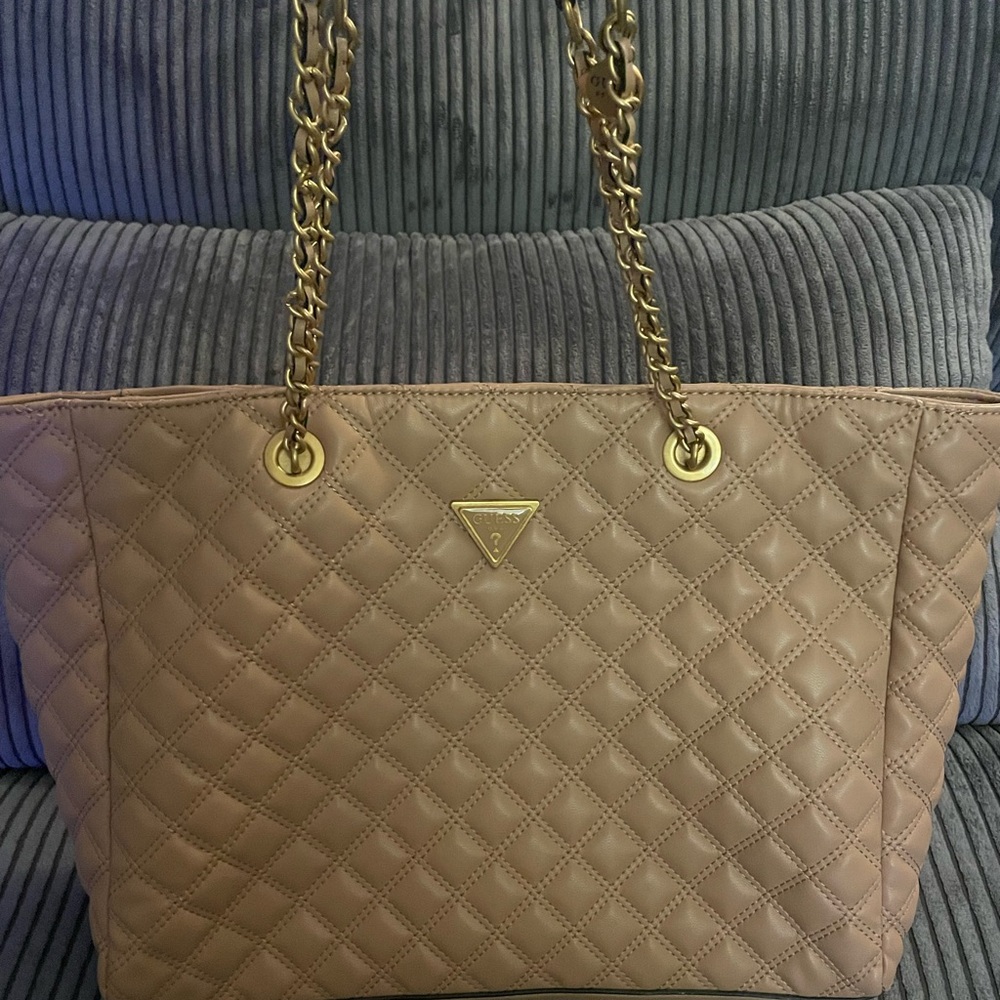 Guess Quilted Tote Bag in Beige with Gold Hardware